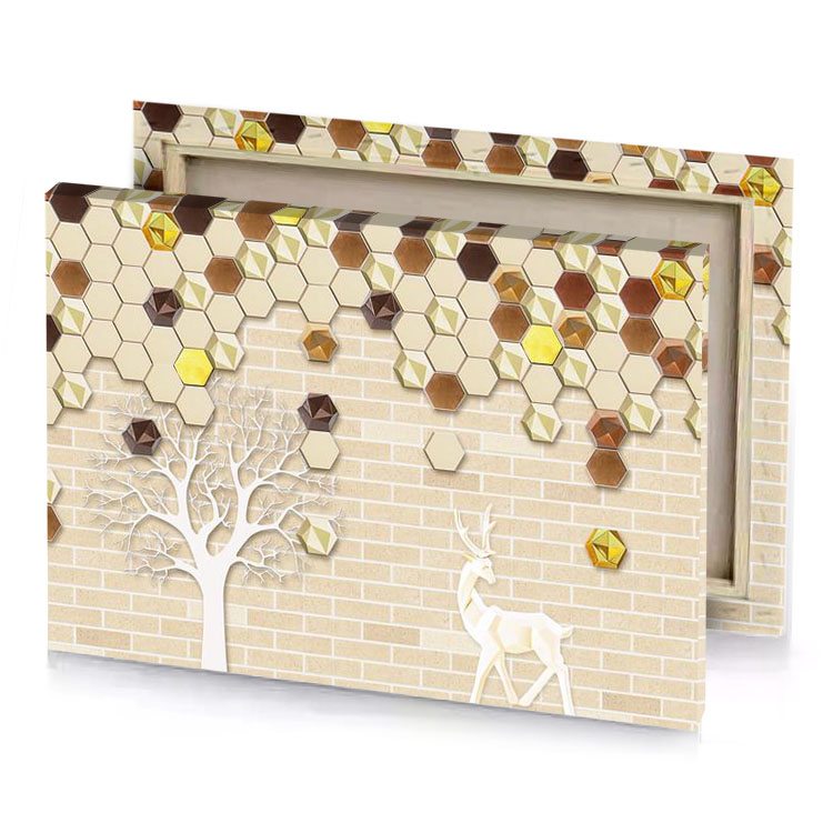 a deer standing next to tree with mosaic pattern silver canvas