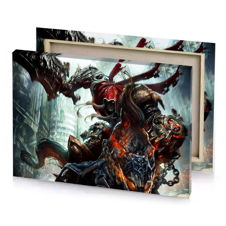 a demonic demon riding horse through city platinum canvas
