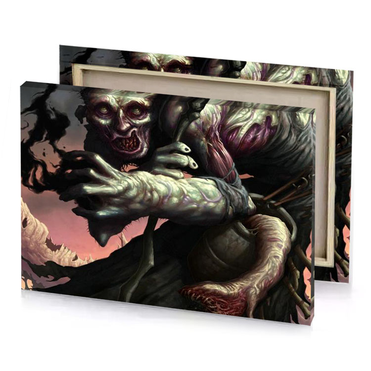 a demonic demon with large head and body holding smoky black canvas