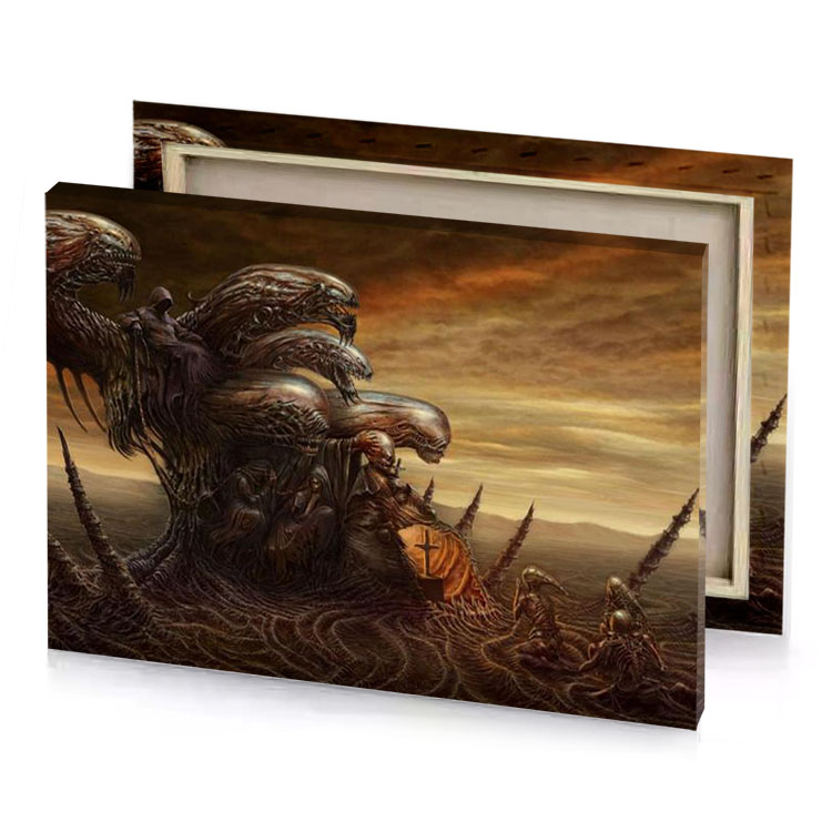 a demonic looking alien creature with long hair and large dark khaki canvas
