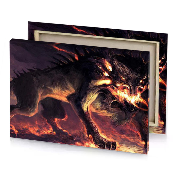 a demonic werewolf with fiery face and large mouth smoky black canvas