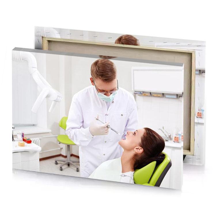 a dentist is examining patient s teeth burlywood canvas