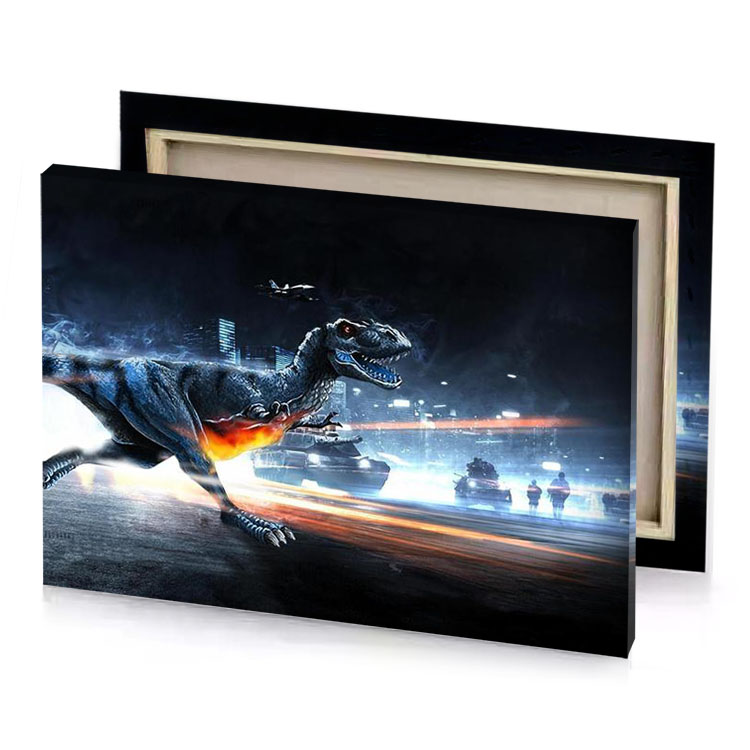 a dinosaur running through city at night moonstone blue canvas
