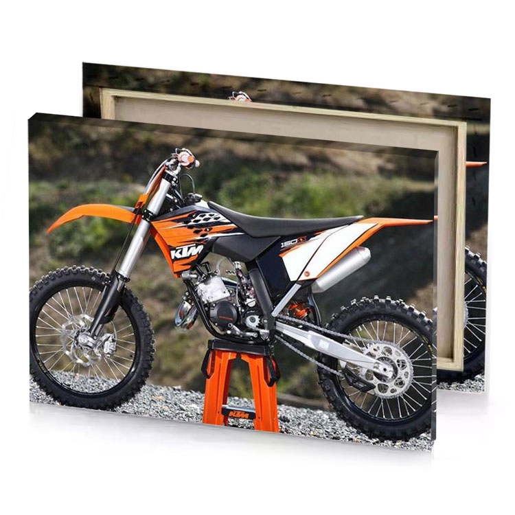 a dirt bike parked on rocky road white smoke canvas
