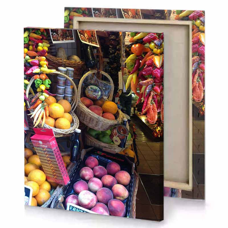 a display of fruit and vegetables in store camouflage green canvas