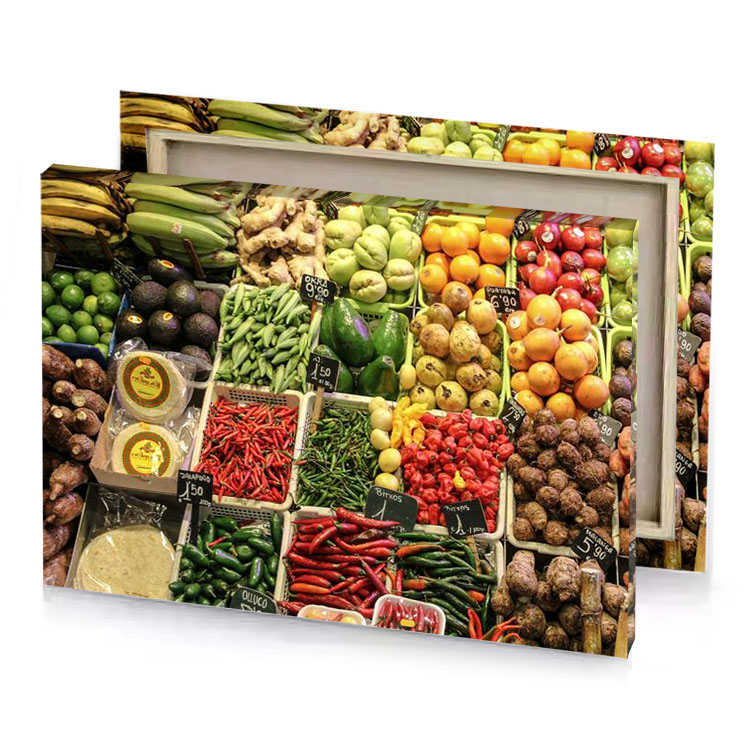 a display of vegetables and fruits in market brown canvas