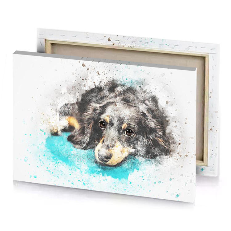 a dog with blue background gray canvas