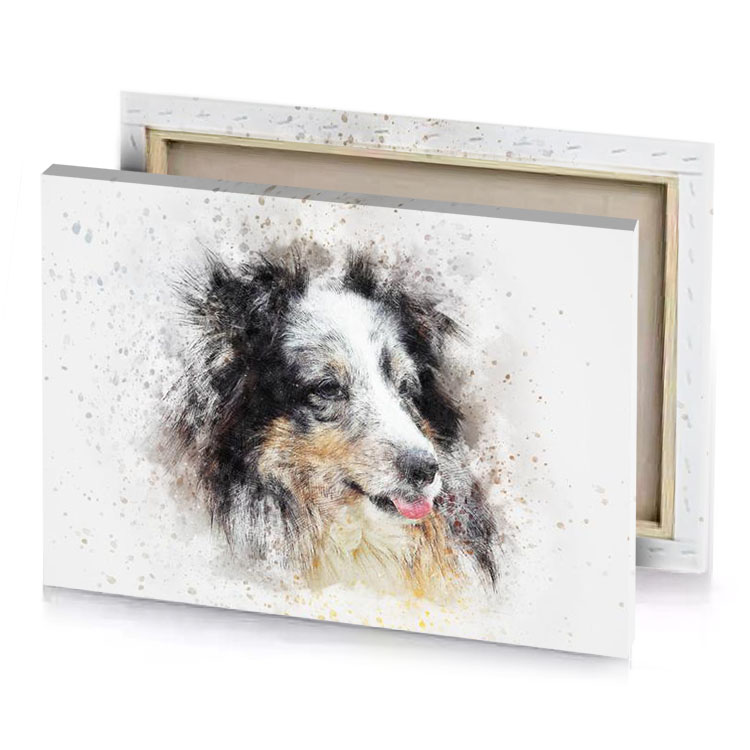 a dog with pink tongue sticking out tan canvas