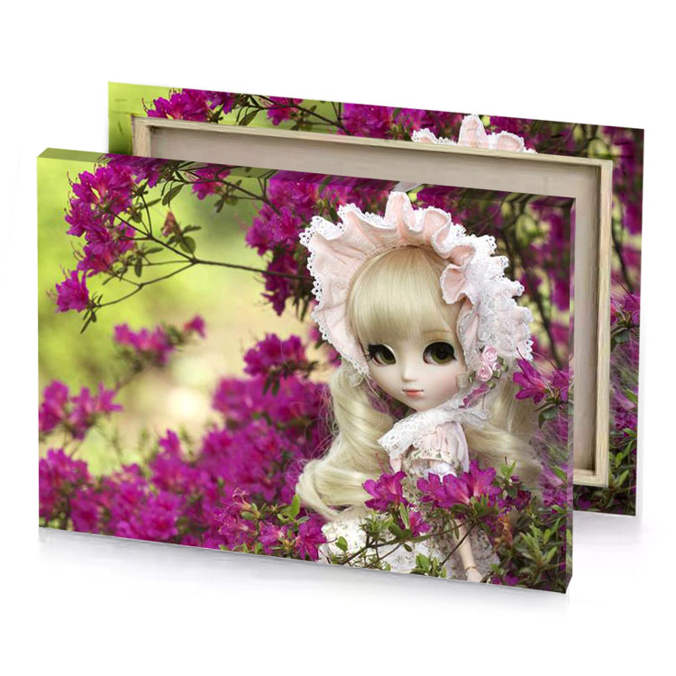 a doll is sitting in bush of flowers purple canvas