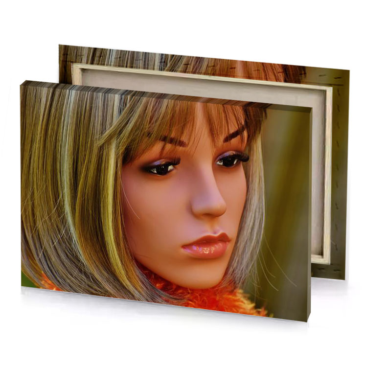 a doll with blonde hair and bright orange dress sepia canvas