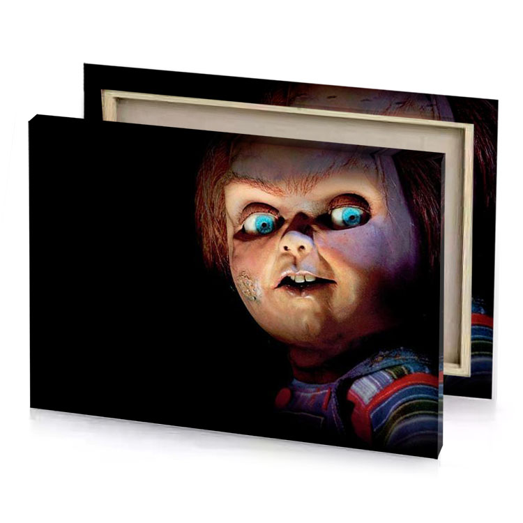 a doll with blue eyes and striped shirt dark salmon canvas