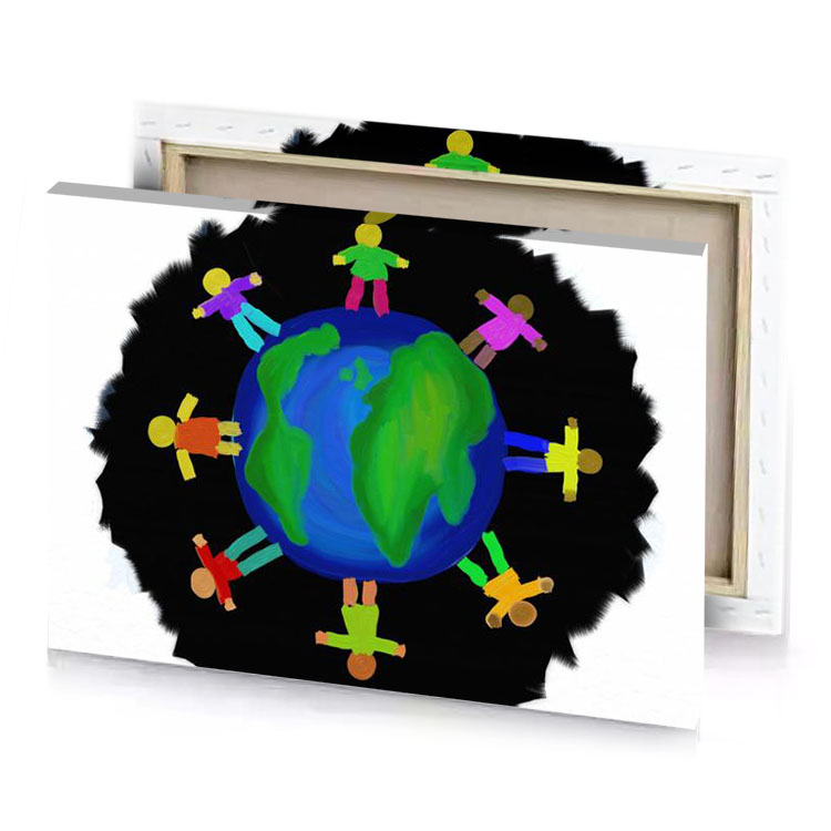 a drawing of people holding hands around the earth forest green canvas