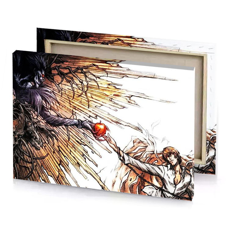 a drawing of two people fighting over red apple white smoke canvas