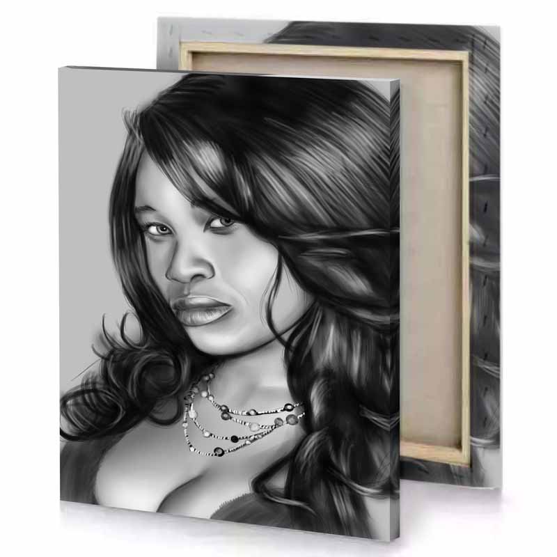 a drawing of woman with long hair smoky black canvas