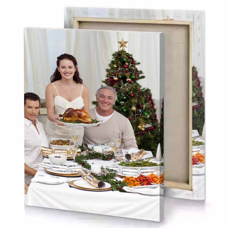 a family sitting at table silver canvas