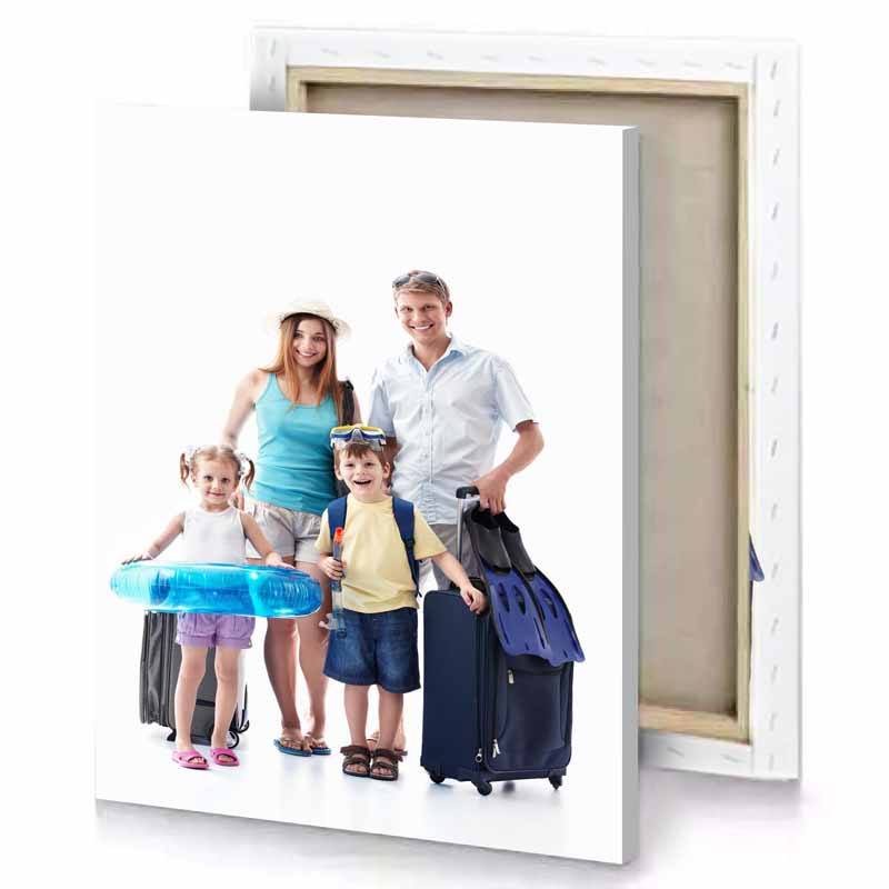 a family with luggage white smoke canvas