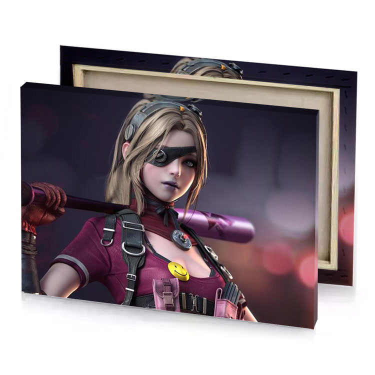 a female character in purple outfit holding weapon bistre canvas