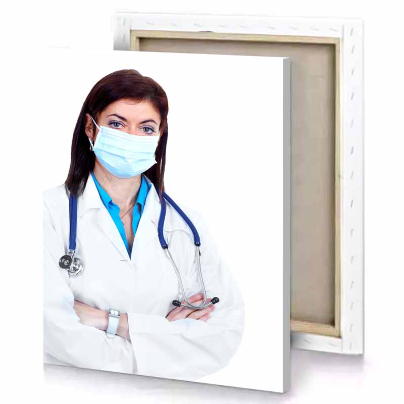 a female doctor wearing mask and stel maximum blue canvas