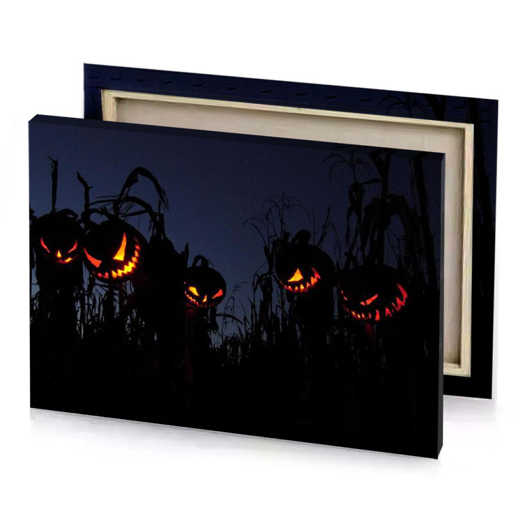 a field of corn with pumpkins lit in the dark bistre canvas