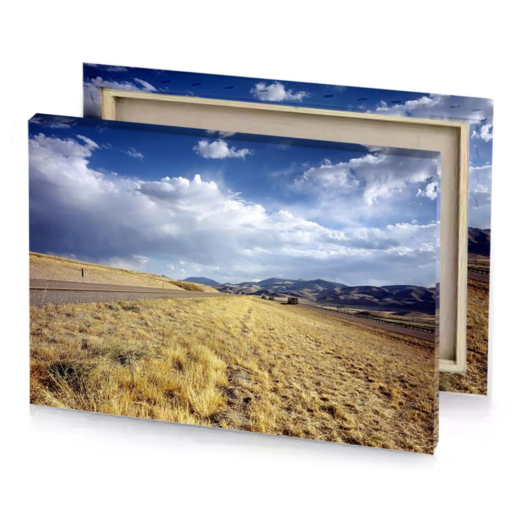 a field with train track and mountains in the background dark khaki canvas