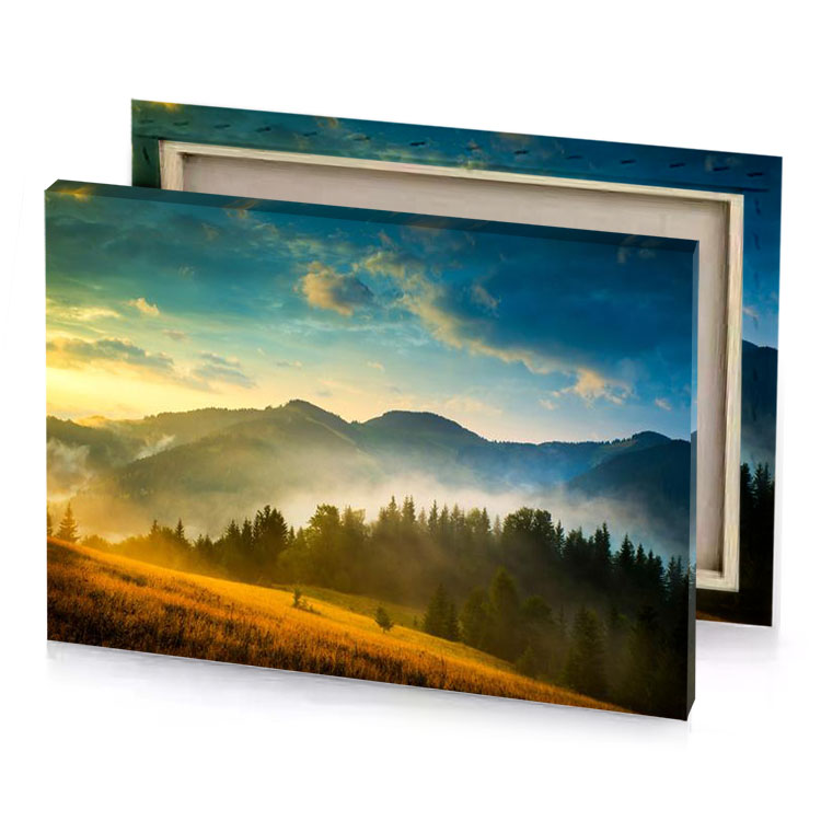 a field with trees and mountains in the background tan canvas