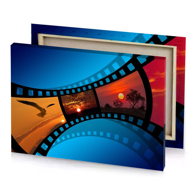 a film strip with palm trees and sunset denim blue canvas