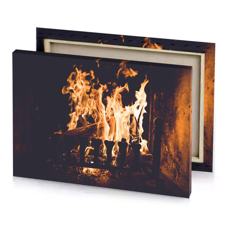 a fire burning in fireplace with flames burlywood canvas