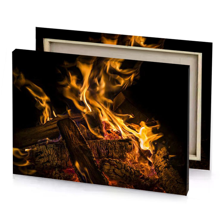 a fire burning in fireplace with flames copper canvas