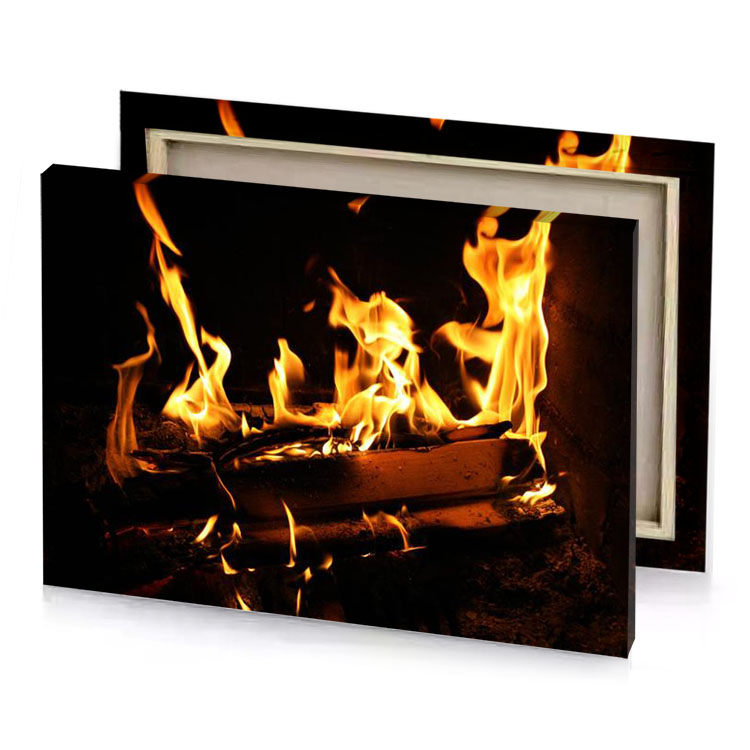 a fire burning in fireplace with flames yellow orange canvas