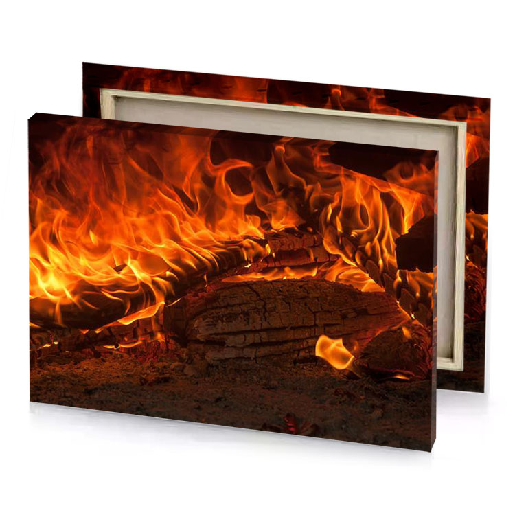 a fire burning in fireplace with red flames international orange canvas