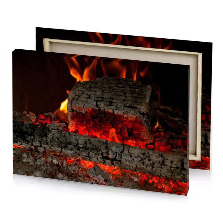a fire burning in fireplace with rocks and maroon canvas