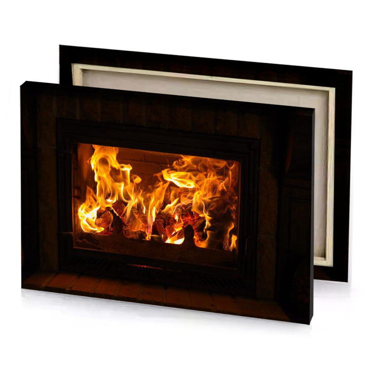 a fire burning in fireplace with wood tangerine canvas