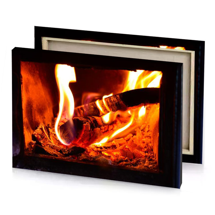 a fire burning in wood stove firebrick canvas