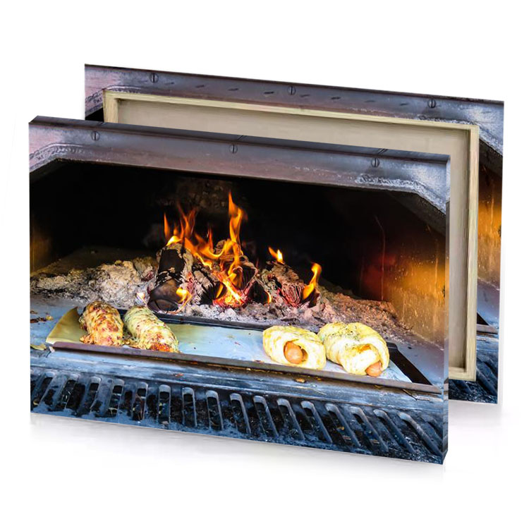 a fire burns in brick oven smoky black canvas