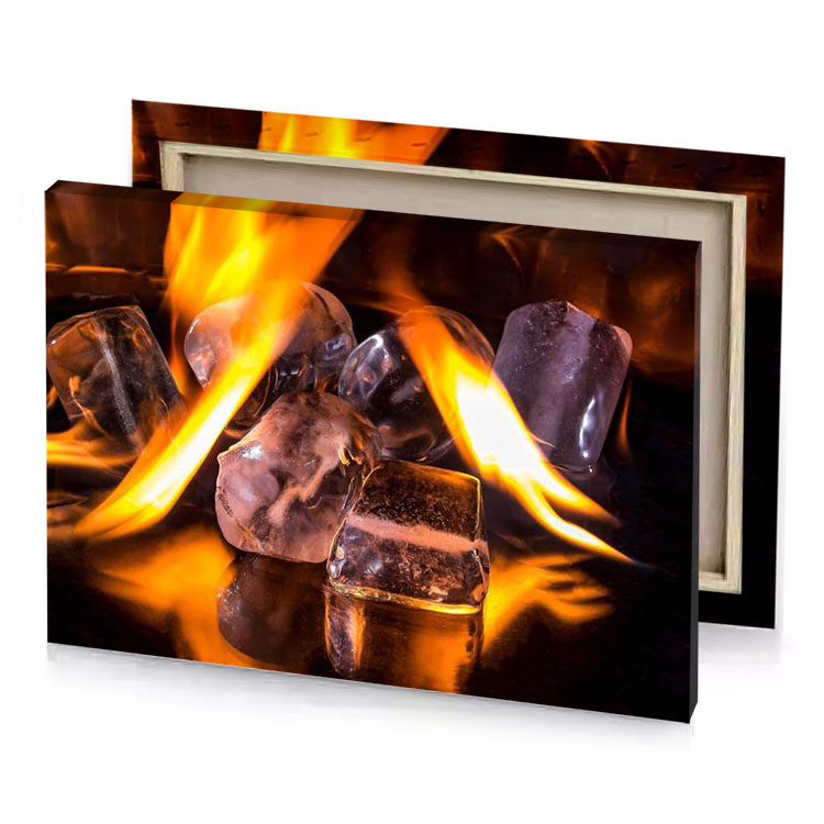a fire burns in fireplace with ice and bistre canvas