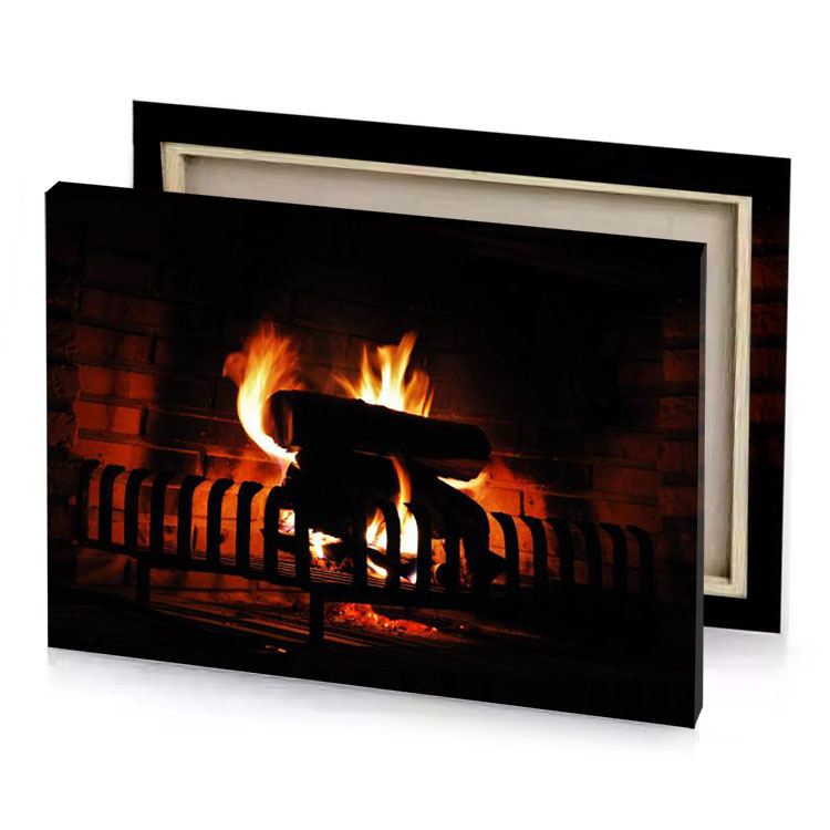 a fire burns in fireplace with wooden bench mahogany canvas