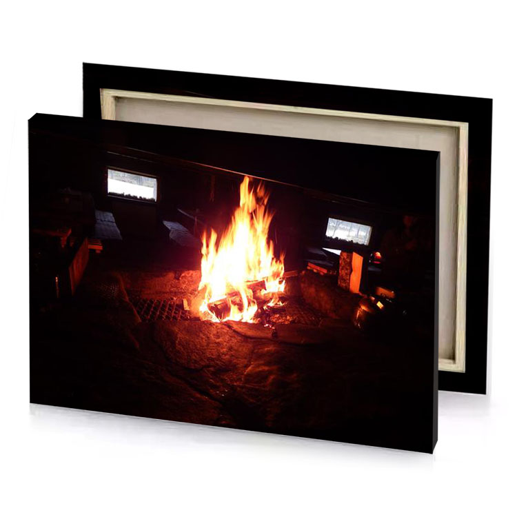 a fire in dark room with window brown canvas