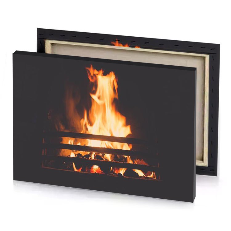 a fire in fireplace with black background sand brown canvas