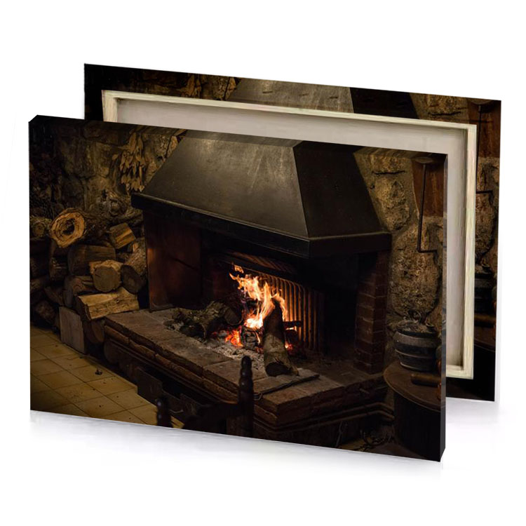 a fire in fireplace with brick wall light salmon canvas