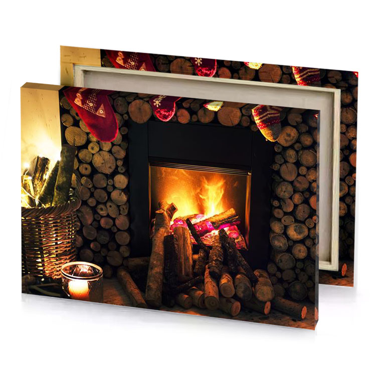 a fire in fireplace with bunch of logs carrot orange canvas