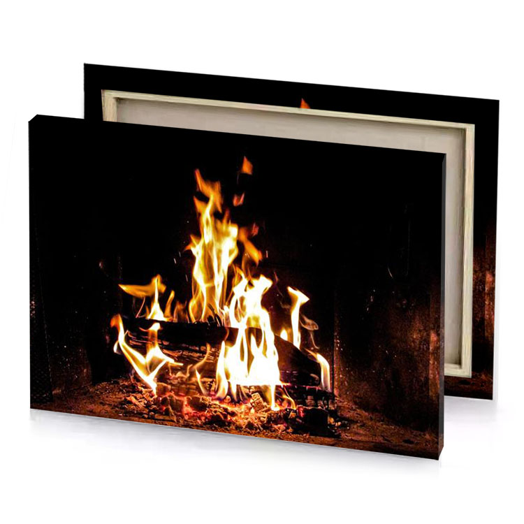 a fire in fireplace with flames burning chocolate canvas