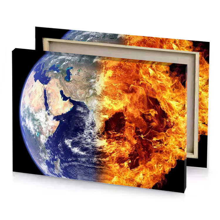 a fire is burning around the earth mahogany canvas