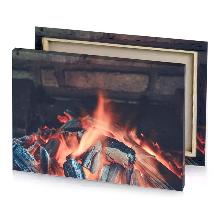 a fire is burning in brick fireplace light coral canvas
