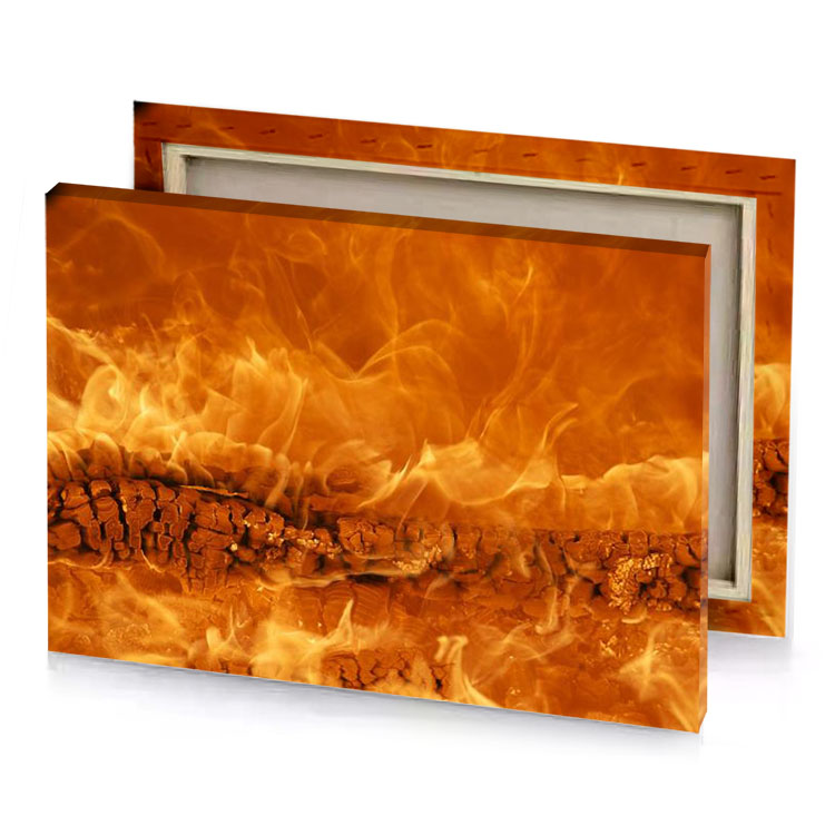 a fire is burning in fireplace carrot orange canvas
