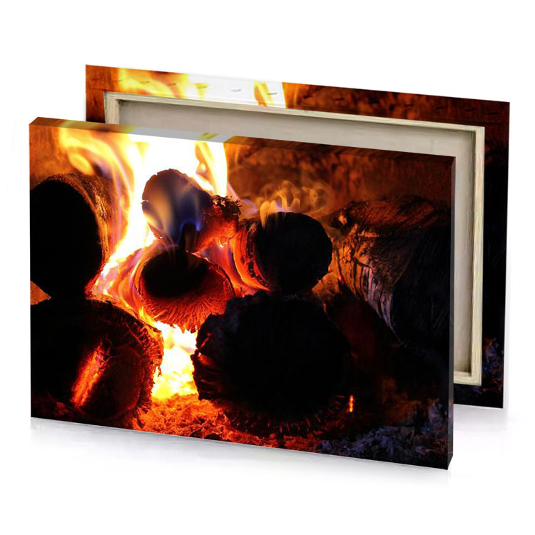a fire is burning in fireplace with wood firebrick canvas