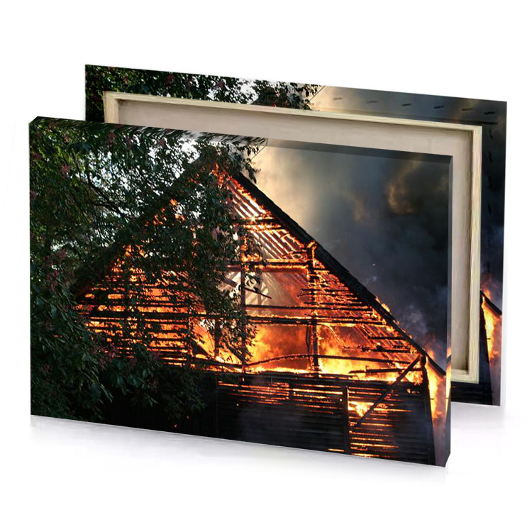 a fire is burning in house saddle brown canvas