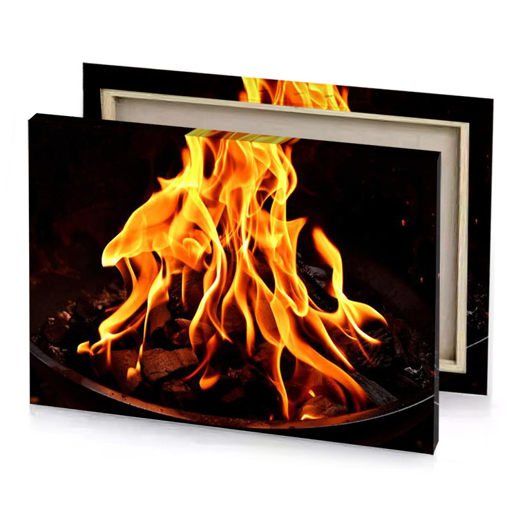 a fire is burning in metal bowl tangerine canvas