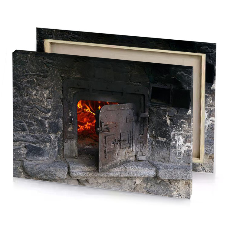 a fire is burning in stone oven maroon canvas