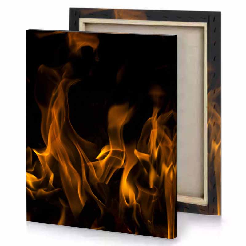a fire is burning in the dark saddle brown canvas