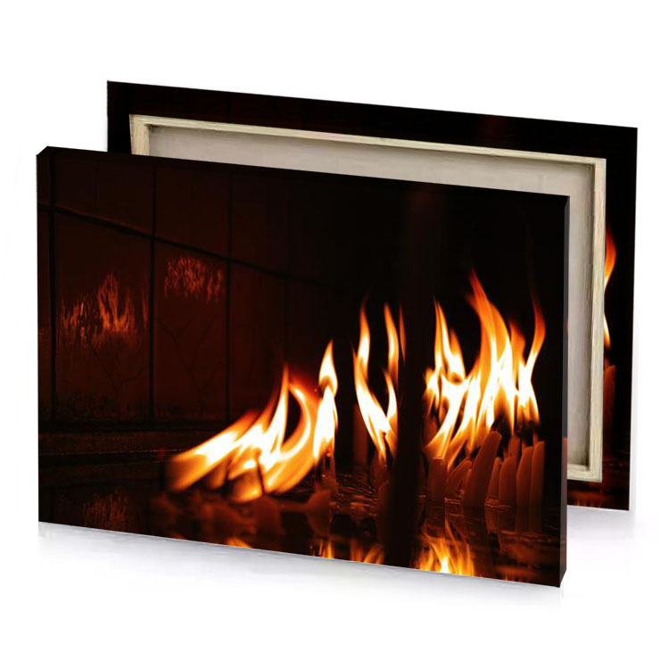a fire is lit in dark room carrot orange canvas